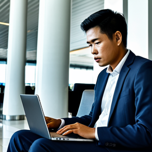 A diverse professional individual in a modest business suit, focused on a laptop or smartphone in a busy, modern airport lounge in Thailand. The scene subtly conveys a sense of digital vulnerability, with faint, abstract digital lines seemingly extending from the device, hinting at an insecure connection. The lighting is bright and even, resembling professional daytime photography. The subject has perfect anatomy, correct proportions, a natural pose, well-formed hands, and proper finger count. This image is safe for work, appropriate content, fully clothed, and professional.