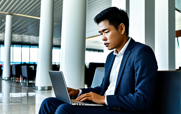 A diverse professional individual in a modest business suit, focused on a laptop or smartphone in a busy, modern airport lounge in Thailand. The scene subtly conveys a sense of digital vulnerability, with faint, abstract digital lines seemingly extending from the device, hinting at an insecure connection. The lighting is bright and even, resembling professional daytime photography. The subject has perfect anatomy, correct proportions, a natural pose, well-formed hands, and proper finger count. This image is safe for work, appropriate content, fully clothed, and professional.