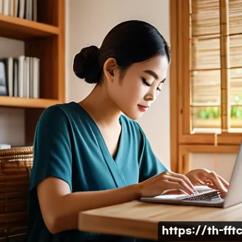 Home 33 안전한 소셜 미디어 사용을 위한 팁 - A modern Thai woman sitting at a desk in a cozy home office, carefully adjusting privacy settings on...