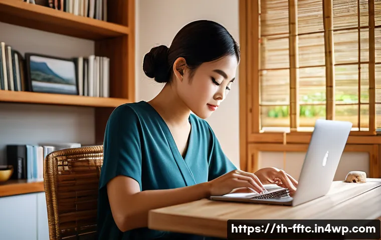 안전한 소셜 미디어 사용을 위한 팁 - A modern Thai woman sitting at a desk in a cozy home office, carefully adjusting privacy settings on...