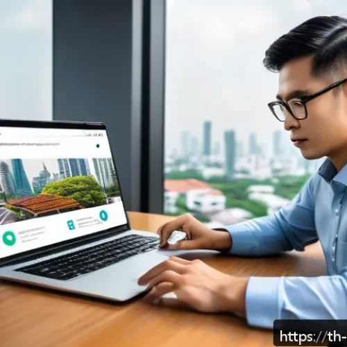 Home 32 업데이트가 필요한 사이버보안 인식 - A modern digital workspace scene showing a Thai professional using a laptop and smartphone simultane...