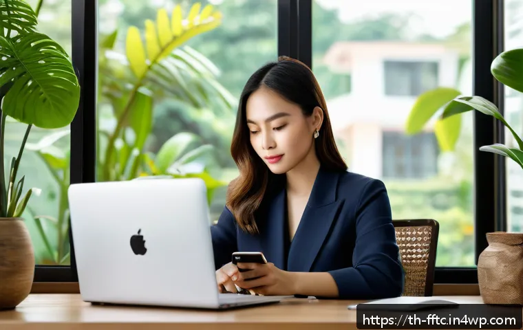 기타 디지털 환경에서의 사이버보안 습관 - A detailed digital illustration of a young Thai professional woman sitting at a modern desk in a coz...