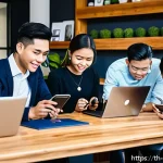 Home 18 사이버 공간에서의 윤리적 행동 강령 - A diverse group of young Thai people gathered in a modern coworking space, engaging in respectful on...
