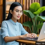 Home 23 자주하는 사이버보안 실수와 예방 방법 - A modern Thai woman sitting comfortably at a cozy cafe in Bangkok, using a sleek laptop with a passw...