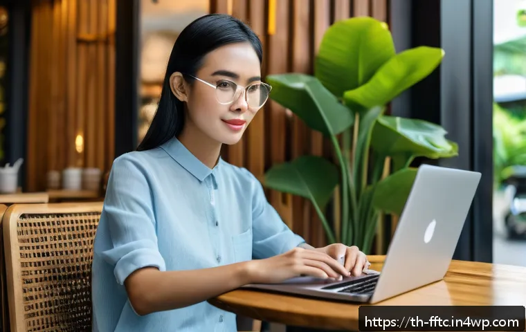 자주하는 사이버보안 실수와 예방 방법 - A modern Thai woman sitting comfortably at a cozy cafe in Bangkok, using a sleek laptop with a passw...